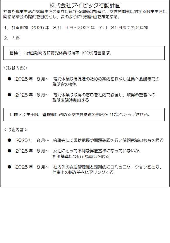 ������ЃA�C�r�b�N�s���v��
�Ј����E�Ɛ����Ɖƒ됶���̗����Ɏ�������̐����ƁA�����J���҂ɑ΂���E�Ɛ����Ɋւ���@��̒񋟂�ړI�Ƃ��A���̂悤�ɍs���v������肷��B

�P�D�v����ԁ@2025�N�@8���@1���`2027�N�@7���@31���܂ł�2�N��

�Q�D���e

 

����g���e��

�@���@2025�N�@8���`�@�玙�x�Ǝ擾���i�̂��߂̈ē����쐬���Ј��։�c���ł�
������̎��{

�@���@2025�N�@8���`�@�玙�x�Ǝ�擾�̑������Г��Őݒu���A�擾��]�҂ւ�
�����𐏎����{����

 

����g���e��

�@���@2025�N�@8���`�@��c���ɂČ���c������m�F���s�����ӎ��̋��L��}��

�@���@2025�N�@8���`�@�����ɂƂ��ĕs���ȏ��i��ɂȂ��Ă��Ȃ����A
�]����ɂ��Č�������}��

���@2025�N�@8���`�@�Г��O�̏����Ǘ��E�ƒ���I�ɃR�~���j�P�[�V�������Ƃ�A
�d����̔Y�ݓ����q�A�����O����


